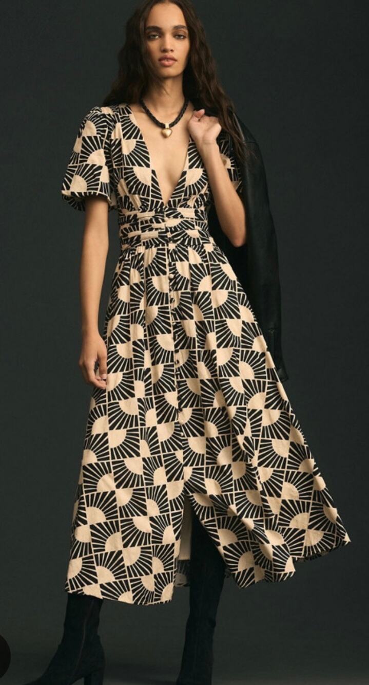 Anthropologie The Katerina Button-Front V Neck Midi Dress Women Cotton 2X